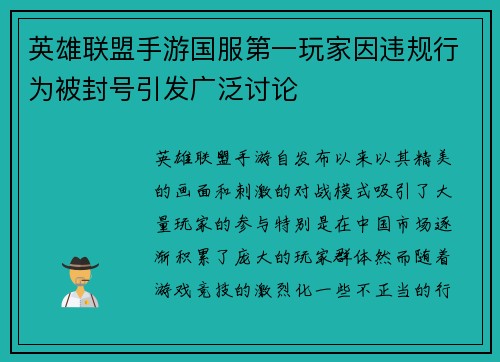 英雄联盟手游国服第一玩家因违规行为被封号引发广泛讨论