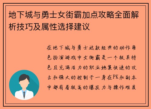 地下城与勇士女街霸加点攻略全面解析技巧及属性选择建议