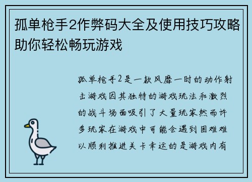 孤单枪手2作弊码大全及使用技巧攻略助你轻松畅玩游戏