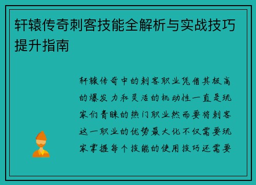 轩辕传奇刺客技能全解析与实战技巧提升指南 轩辕传奇刺客技能全解析与实战技巧提升指南